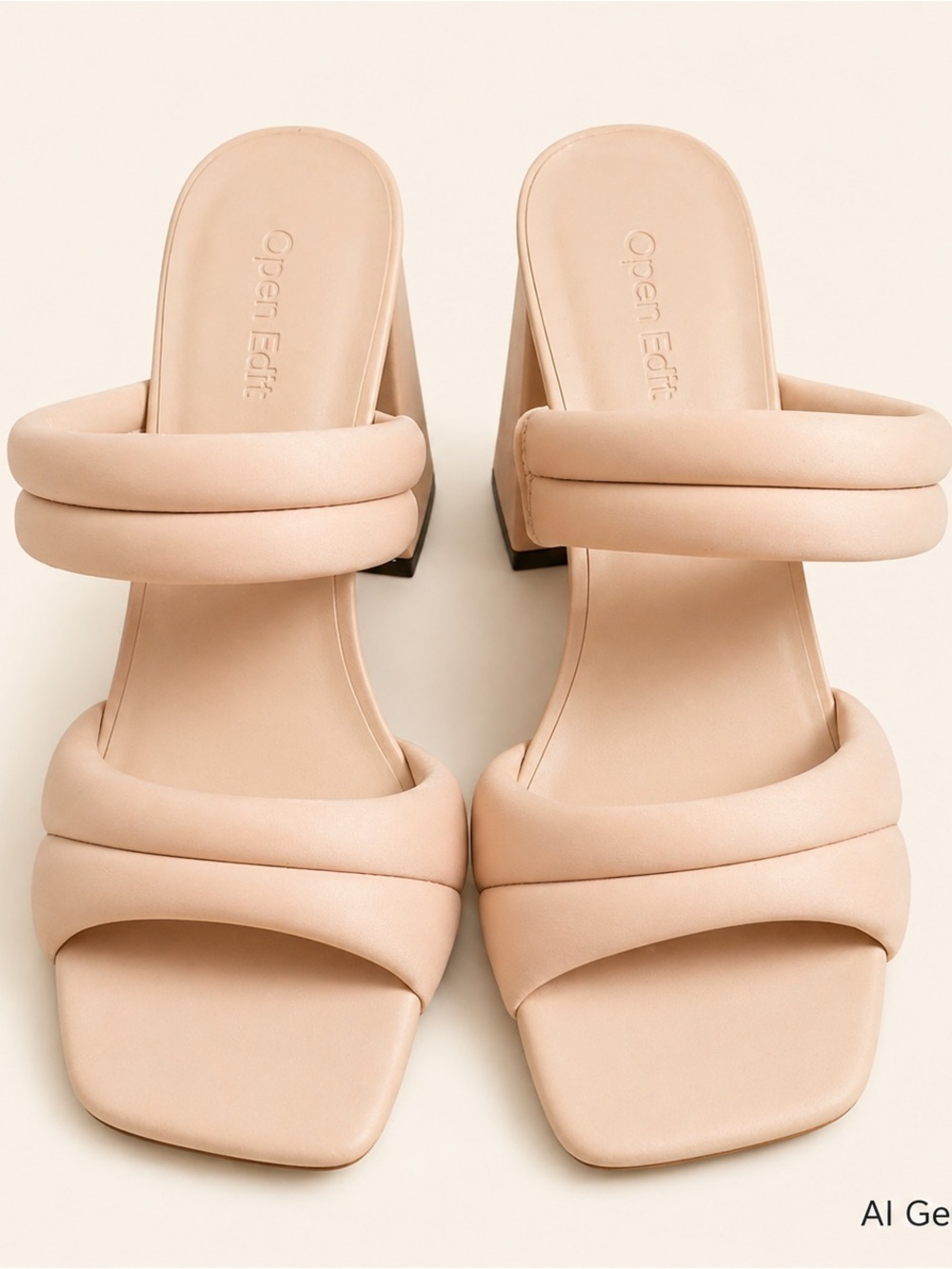 Open Edit Nude Padded Double-Strap Block Heel Mules
